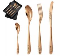 Custom Engraved Cutlery Set, 1 Set of 4 Pieces, Personalized Adult Cutlery Set, Fork, Knife, Spoon and Teaspoon Engraved Stainless Steel Flatware Set (Rose Gold)
