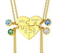 Custom4U 4 Collier d'Amitié Fille Personnalisé Prénom Colliers Pendentif Coeur Séparable Gravé avec Pierre de Naissance Noms Cadeau pour Meilleure Amies BFF