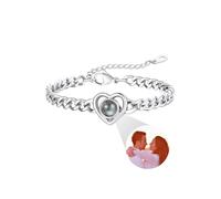 Custom4U Bracelet à Projection Photo Secrète Personnalisé Cœur Gravée, Chaîne en Laiton & Acier Inoxydable, Bracelet Argent pour Femmes avec Écrin Cadeau pour Anniversaire Fête Souvenir