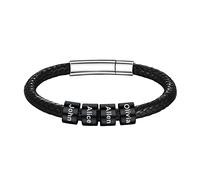 Custom4U Bracelet Corde Cuir Tressé 4 Prénom Personnalisable Bracelet avec 4 Perles Noms Gravure 18cm Idée Cadeau pour Homme Père