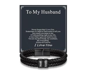 Custom4U Bracelet en Cuir Personnalisé pour Hommes, Bracelet Noir pour Hommes avec Nom Gravée Cadeaux Bijoux Personnalisés pour Lui Pour Mon Mari