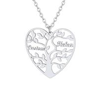 Custom4U Collier 2 Prénoms Gravé Arbre de Vie Pendentif Coeur 2 Noms d'Arbre Généalogique à Graver Acier Inoxydable Bijoux Famille