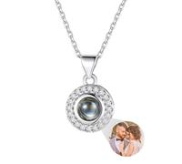 Custom4U Collier avec Image à l'Intérieur pour Femmes, Collier Pendentif à Projection Circulaire avec Zirconia Cubique, Bijou Personnalisé pour Mère Fille