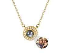 Custom4U Collier avec Image à l'Intérieur pour Femmes Élégant Collier Pendentif à Projection Circulaire avec Zirconia Cubique, Bijou Personnalisé pour Mère Fille