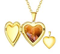 Custom4U Collier Couple Photo Personnalisé Coeur Or Pendentif Porte Photo Acier Inoxydable Médaillon Coeur Gravé Fleur Chaine 50+5 cm