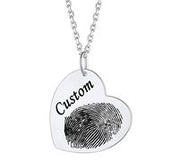 Custom4U Collier de Coeur d'Empreinte Digitale Circulaire Personnalisable Argent 925 Pendentif Gravé pour Femme