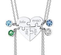 Custom4U Collier Médaillon Amitié BFF Coeur Sécable 4 Prénoms Personnalisable Pierre de Naissance Pendentif Puzzle Séparable