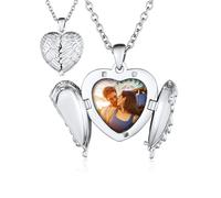 Custom4U Collier Pendentif Coeur Ouverte Photo Personnalisé Femme Collier Médaillon Locket Aile d'ange Photo