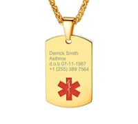 Custom4U Collier Pendentif Dog Tag Homme Médicale Personnalisé-Collier Sport ID-Plaque d'Identification-Bijoux de Médicaments d'Allergie avec Chaine Réglable Plaque Militaire Couleur Or