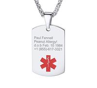 Custom4U Collier Pendentif Dog Tag Homme Médicale Personnalisé-Collier Sport ID-Plaque d'Identification-Bijoux de Médicaments d'Allergie avec Chaine Réglable Plaque Militaire Couleur Argent