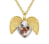 Custom4U Collier Pendentif Personnalisable - Collier Or Aile d'Ange avec Photo Gravé Plaqué Or avec Chaîne Ajustable 50cm (Avec Coffret Cadeau)