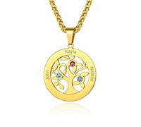 Custom4U Collier Personnalisé 3 Prénoms,Pendentif Arbre de Vie Plaqué Or en Acier Inoxydable Gravé Pierres de Naissance,Bijoux de Famille,Chaine 55+5 cm,Cadeau Anniversaire Femme Maman,Grand Mère