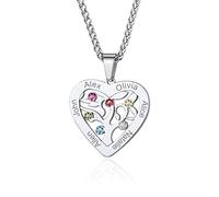 Custom4U Collier Personnalisé 6 Prénoms,Pendentif Coeur Arbre de Vie en Acier Inoxydable Gravé Pierres de Naissance,Bijoux de Famille,Chaine 55+5 cm,Cadeau Anniversaire Femme Maman,Grand Mère