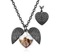 Custom4U Collier Personnalisé Photo Acier Inoxydable,Médaillon Aile d'ange Pendentif Porte Photo Gravé avec Chaîne 50+5 cm(Boîte Cadeau)