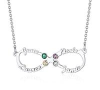 Custom4U Collier Personnalisé pour Femme Infini 4 Prénoms Pendentif Infini avec Pierre de Naissance Bijoux Famille Cadeau pour Femme Mère Noël