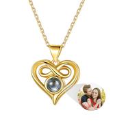 Custom4U Collier Personnalisé pour Femmes Pendentif Cœur à Projection Plaqué Or avec Chaîne en Acier Inoxydable 40+5cm, Cadeau Bijou pour Maman, Famille, Sœur