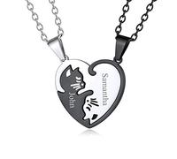 Custom4U Colliers avec Pendentif Séparable Yin Yang Amoureux Chat Gravé Prénom Pendentif Charme Coeur d'Amitier Personnalisable Bijoux Puzzle Séparé pour Anniversaire