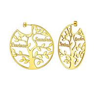 Custom4U Créole avec Prénom Gravé Boucle d'oreilles Arbre de Vie Acier Inoxydable/Or/Noir Personnalisé 1-8 Noms Bijoux Personnalisable pour Femme Maman (Boîte Cadeau)