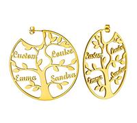 Custom4U Créole avec Prénom Gravé Boucle d'oreilles Arbre de Vie Acier Inoxydable/Or/Noir Personnalisé 1-8 Noms Bijoux Personnalisable pour Femme Maman (Boîte Cadeau)