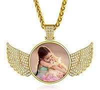 Custom4U Médaillon Aile d'ange avec Photo Personnalisé,Pendentif Personnalisable Collier Porte Photo,Cadeau Anniversaire Homme