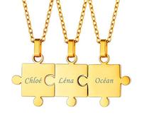 Custom4U Personnalisé Collier Pendentif BFF Amitié pour 3,3 PCS Pendentif Puzzle Couple Personnalisable Plaqué Or Bijoux Best Friend Forever Anniversaire Noël