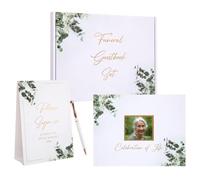 Customoffi Élégant livre d'or funéraire - Souvenir de la vie - Livre d'or à couverture rigide de 22,9 x 17,8 cm avec fenêtre photo, panneau de table, stylo blanc et coffret cadeau - Conservez vos