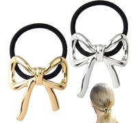 CustomyLife Lot de 2 chouchous à cheveux avec nœud doré et argenté - Élastiques métalliques pour queue de cheval - Accessoires de cheveux longs et épais pour femme
