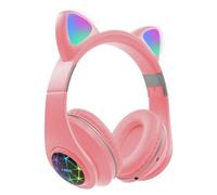 Cut Cat Ear Headphones Wireless Bluetooth 5.0 TF Card AUX-In Casque Pliable Lumineux Monté sur la Tête avec Micro,Rose