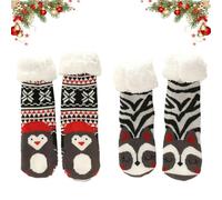 Cute Animal Ultra-thick Slipper Home Socks, 2Pairs Winter Warm Christmas Snow Non-slip Socks for Women (G+H)