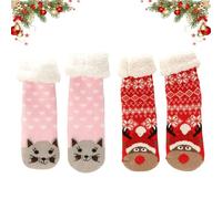 Cute Animal Ultra-thick Slipper Home Socks, 2Pairs Winter Warm Christmas Snow Non-slip Socks for Women (E+F)