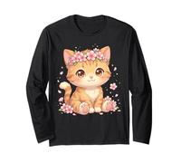 Cute Anime Cat with Cherry Blossoms Flower Kids Girls Boys Manche Longue