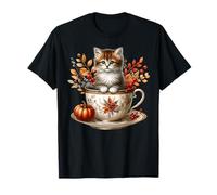Cute Autumn Kitten in Floral Tea Mug for Cat Mom and Fall T-Shirt