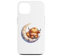 Cute Baby Highland Cow Sleeping on The Moon Heifer Farm Coque pour iPhone 13