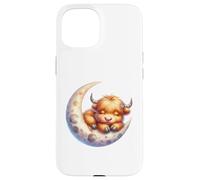 Cute Baby Highland Cow Sleeping on The Moon Heifer Farm Coque pour iPhone 15