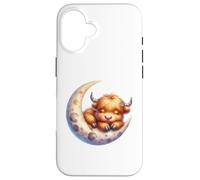 Cute Baby Highland Cow Sleeping on The Moon Heifer Farm Coque pour iPhone 16