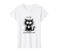 Cute Black Cat It's Fine I'm Fine Everything is Fine Funny T-Shirt Graphique avec Valeur, Femme, Blanc, XS