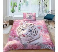 Cute Blanc Tigre Cub Parure De Lit Housse De Couette en Microfibre + Taies D'oreillers, 3D Imprimé De Rose Rose Sets De, pour Filles Garçon Single(135x200cm)