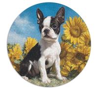 Cute Boston Terrier Sits Next to A Tournesol Puzzles pour Adultes 1000pcs (67.5x67.5cm),Jeux De Défi