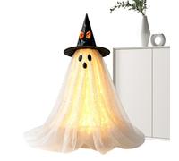 Cute Bow Top Hat Ghost Halloween Decor with Lights Indoor Statue | Ghost Decorations Indoor Feature Cute Witch Hat Seasonal Statue With Lights Creating Spooky Festive Room Atmosphere
