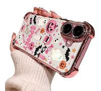 Cute Candy Pumpkin Ghost Phone Case, Spooky Halloween Phone Cover (Pink,17) | Four-Corner Airbag Electroplated Frame, for iPhone 14 15 16 17 18 pro max