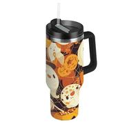 Cute Cartoon Yellow Halloween Pumpkin - Grande bouteille d'eau réutilisable sous vide avec couvercle étanche et paille - Tasse décorative pour eau, thé glacé ou café - Vaso de aluminio para agua