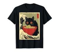 Cute Cat Eating Ramen Noodle with Great Wave Japanese Meme T-Shirt