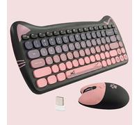 Cute Cat Ensemble clavier et souris USB sans fil 2,4 G, touches silencieuses, couleurs bonbon, compatible avec ordinateur portable, PC (BlackPink-84touches)