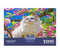 Cute Cat, Puzzle de Casse-tête en Papier épais, Chat Blanc dans des Fleurs de Cerisier, pour Seniors, Cadeau Relaxant de Secret Santa, 52x38cm/1000pcs