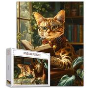 Cute Cat Reading Books Puzzle de 1000 pièces pour adultes Chaton avec lunettes dans la salle d'étude, puzzles durs Difficult Challenging Family Activity Game DIY Handwork Puzzles Décoration de la