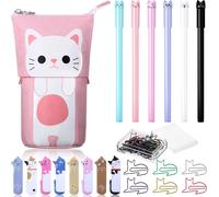 Cute Cat Stationery Set, 1 Telescopic Canvas Pen Bag Pencil Case Transformer, 6 Colorful Black Gel Ink Pens, 30 Cat Bookmarks And 240 Note Index Tabs