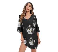 Cute Cats Black Casual Dress 3/4 Sleeve Hawaiian Short Dresses Women, Chats mignons noirs, Taille XL