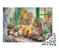 Cute Chat Set Puzzle 1000 Pièces pour Hobbyistes, Carton Premium,Tabby Chat Window Art Décoration Intérieure, Cadeau Anniversaire Parfait, Jeu Défi Difficile 38x26cm/1000pcs