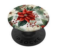 Cute Christmas Poinsettia Red Flower White Floral Winter PopSockets PopGrip Adhésif