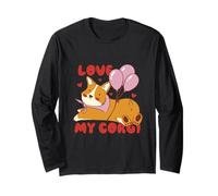 Cute Corgi Dog Lover Design with Balloons and Hearts Manche Longue